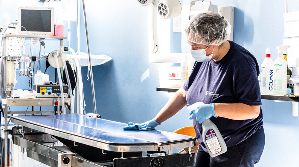 Addetto Clean Service impegnato in attività di pulizia e sanificazione in ambiente civile o industriale, con utilizzo di attrezzature professionali e protocolli certificati