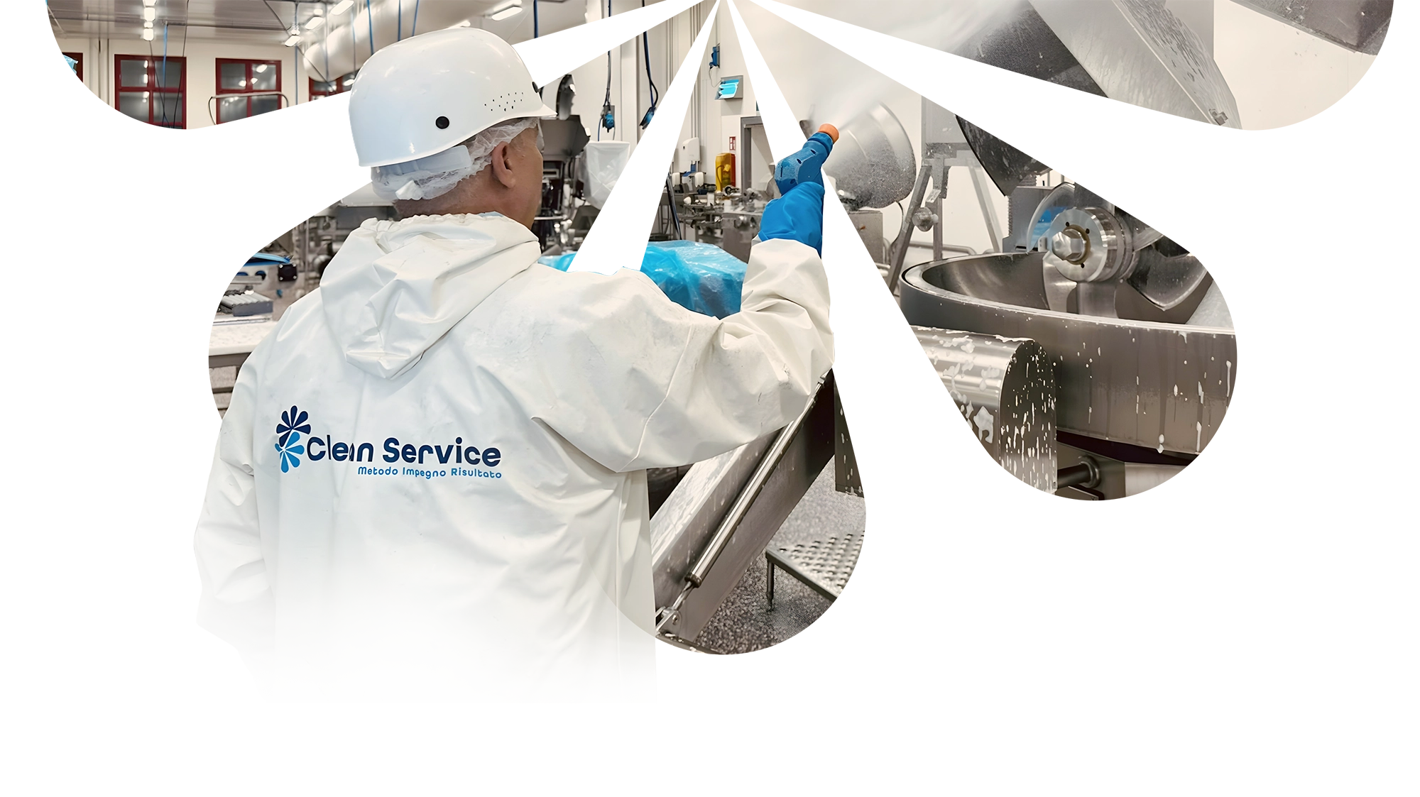 Tecnici Clean Service in azione con DPI completi per la sanificazione di ambienti industriali ad alta sensibilità, nel rispetto degli standard HACCP e IS